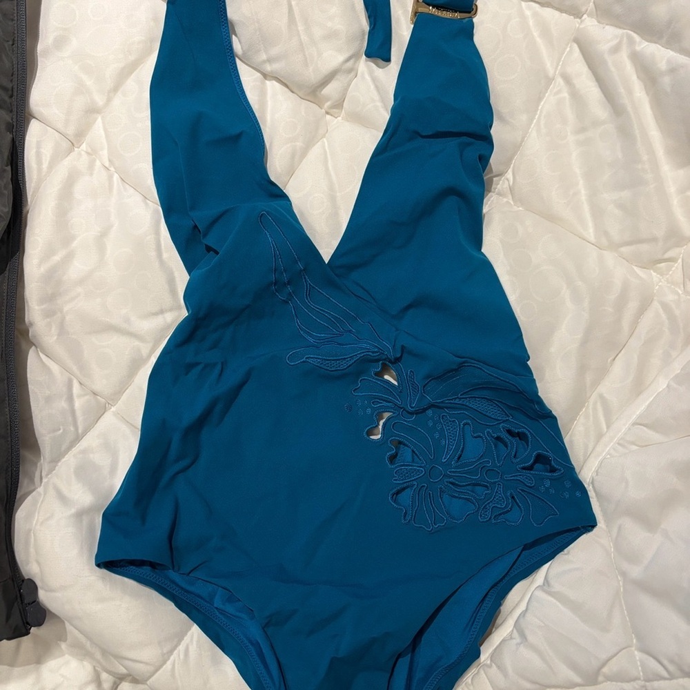 La Perla Authentic Blue Halter Neck Swimsuit with Floral Design - Picture 2 of 2